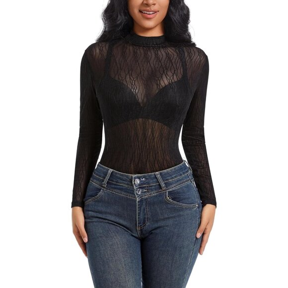 🆕 Women Black Long Sleeve Mesh Top Lace Mock Neck See Through Fitted Sexy Out - Picture 4 of 7